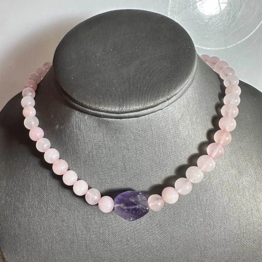 Genuine Amethyst Rose Quartz Necklace Choker Gift Natural Bohemian Hippie Purple - Picture 8 of 11